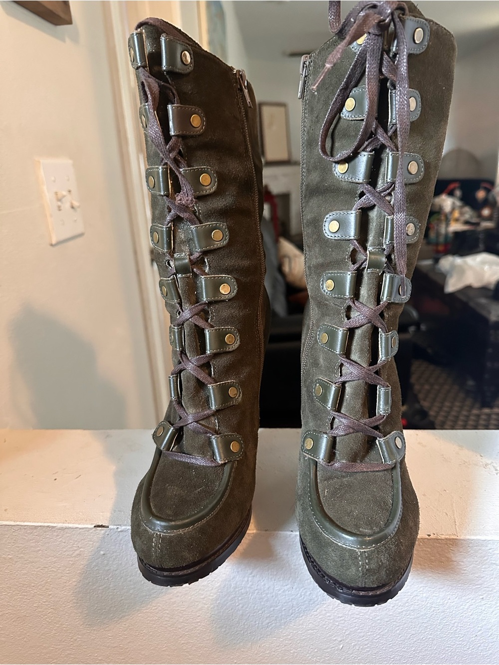Charles David Olive Green Lace-Up Knee Boots